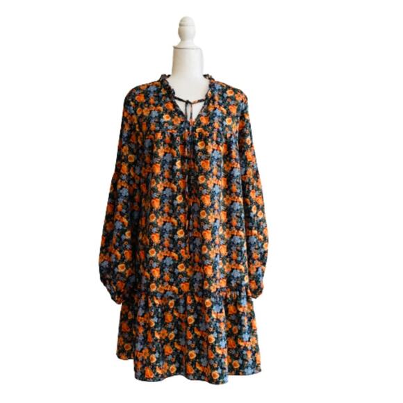 Kirundo Dress Floral Print Long Sleeve Tie Neck Ruffle Boho Swing Mini Large - Picture 12 of 12